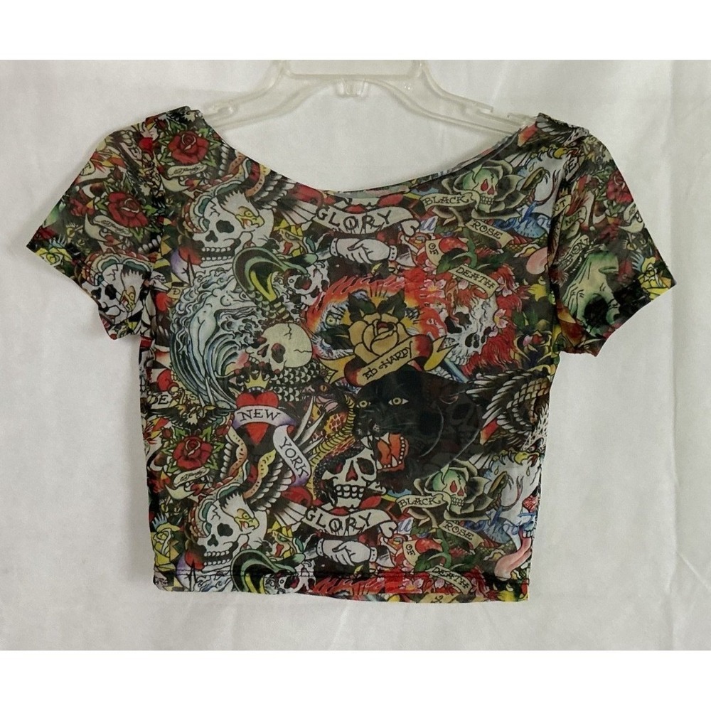 Ed Hardy Women Medium Crop Top Sheer Tattoo Mesh Tee Graphic Y2K Skulls